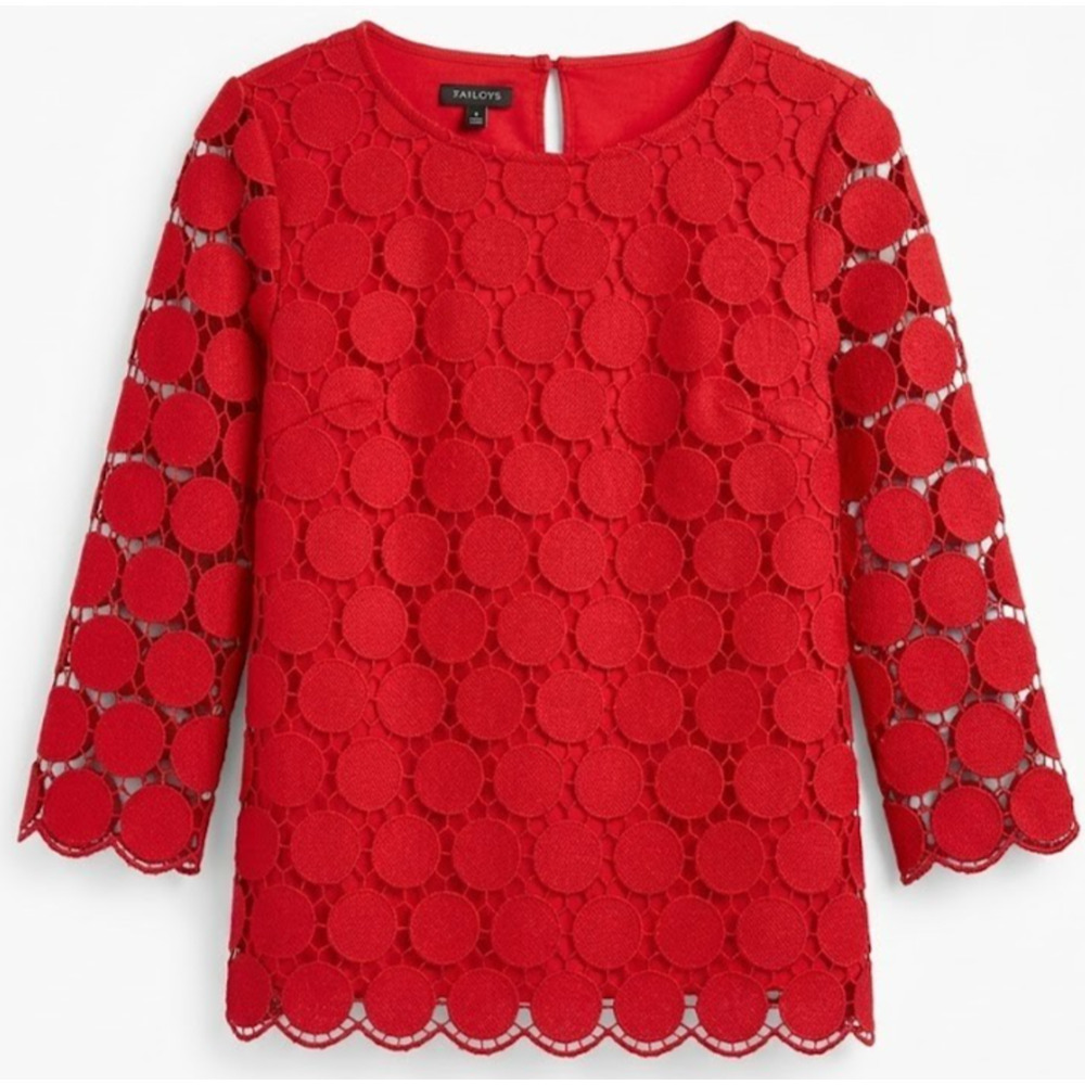 Talbots Red Lace Medallion Top MP Opulent Dot Scalloped Hem Keyhole Back Party